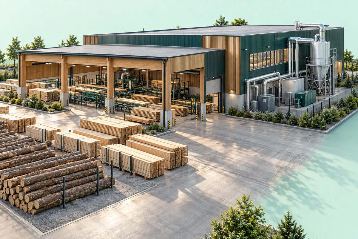Wizualizacja modelowego tartaku: hala z linią produkcyjną, drewno i instalacja odciągowa